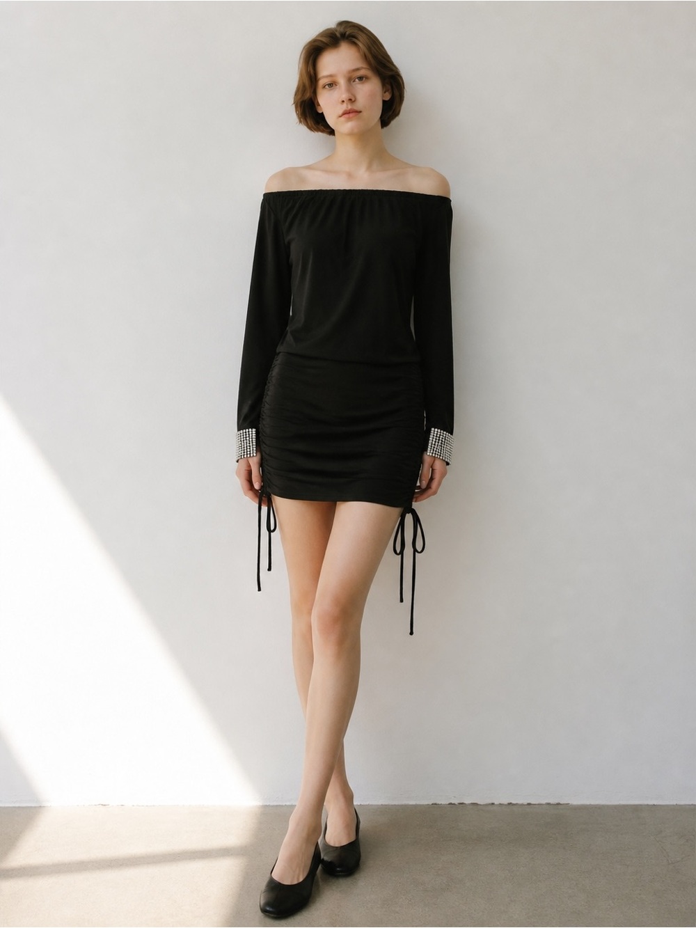 Sky Off-Shoulder Black Mini Dress with Rhinestone Cuffs